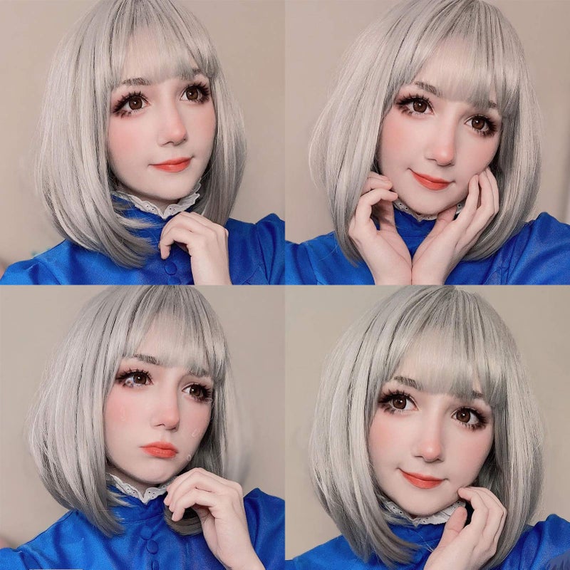 eNilecor Short Bob Hair Wigs 12" Straight with Flat Bangs Synthetic Colorful Cosplay Daily Party Wig for Women Natural As Real Hair+ Free Wig Cap (Silver Grey) - Image 2